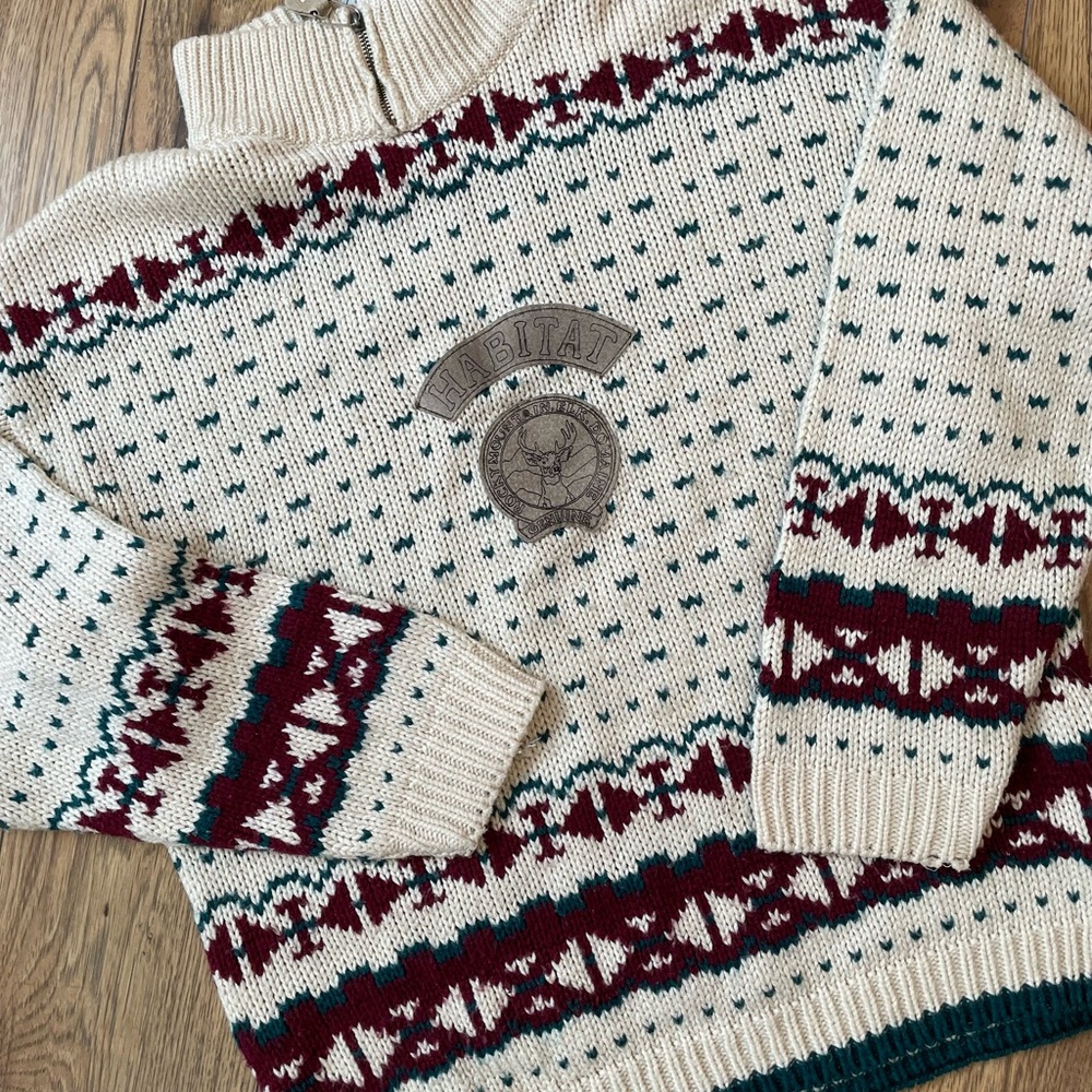Vintage knit Cream and Burgundy Patterned Sweater
